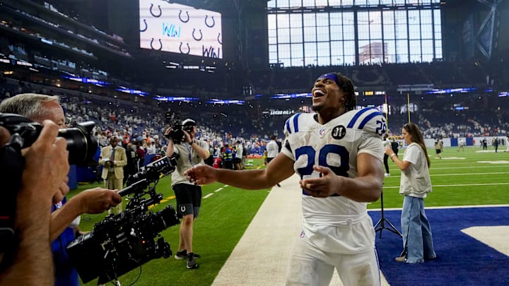 Indianapolis Colts running back Jonathan Taylor (28) leaves the field Sunday, Sept. 14, 2025, after winning a game against the Denver Broncos at Lucas Oil Stadium in Indianapolis.
