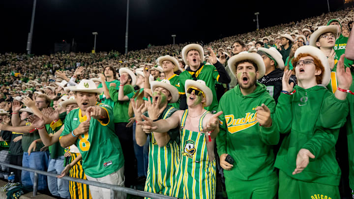 Oregon fans dance to “Shout” as the Oregon Ducks host the Minnesota Golden Gophers on Nov. 14, 2025, at Autzen Stadium in Eugene, Oregon.