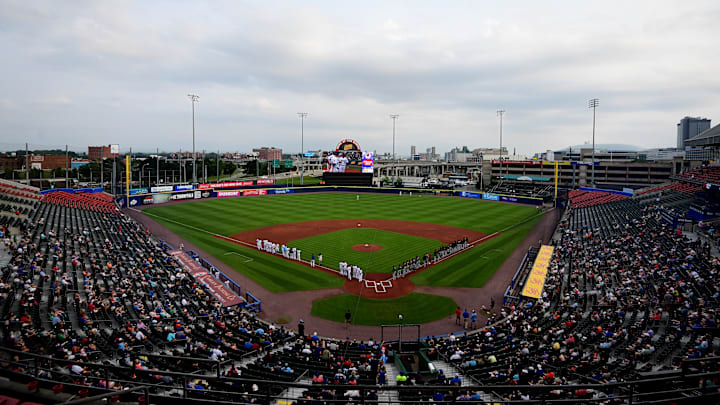 The Rochester Red Wings and Buffalo Bisons line up for the National Anthem prior to an International League game at Sahlen Field in Buffalo.