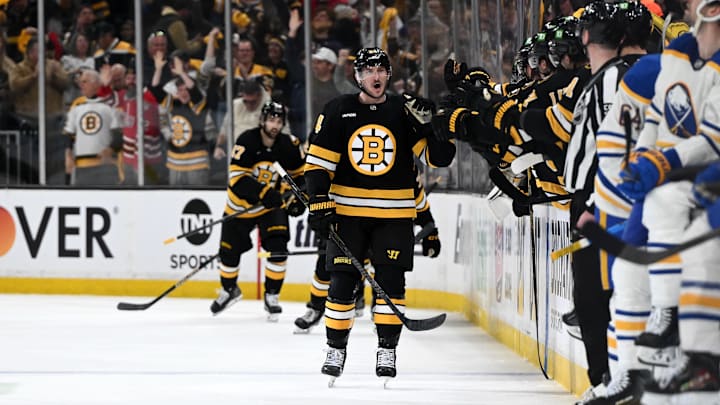Apr 23, 2026; Boston, Massachusetts, USA; Boston Bruins left wing Tanner Jeannot (84) celebrates with his teammates after scoring a goal against the Buffalo Sabres during the second period of game three of the first round of the 2026 Stanley Cup Playoffs at the TD Garden. Mandatory Credit: Brian Fluharty-Imagn Images