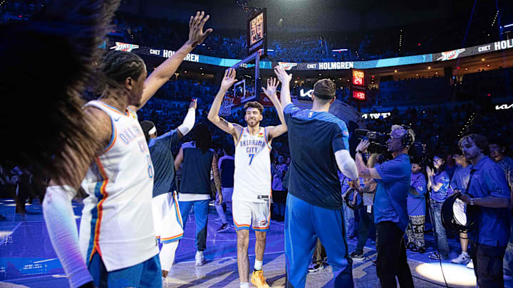 Mar 27, 2025; Oklahoma City, Oklahoma, USA; Oklahoma City Thunder forward Chet Holmgren (7) before the start of a game against the Memphis Grizzlies at Paycom Center. Mandatory Credit: Alonzo Adams-Imagn Images Mar 27, 2025; Oklahoma City, Oklahoma, USA; Oklahoma City Thunder forward Chet Holmgren (7) before the start of a game against the Memphis Grizzlies at Paycom Center. Mandatory Credit: Alonzo Adams-Imagn Images