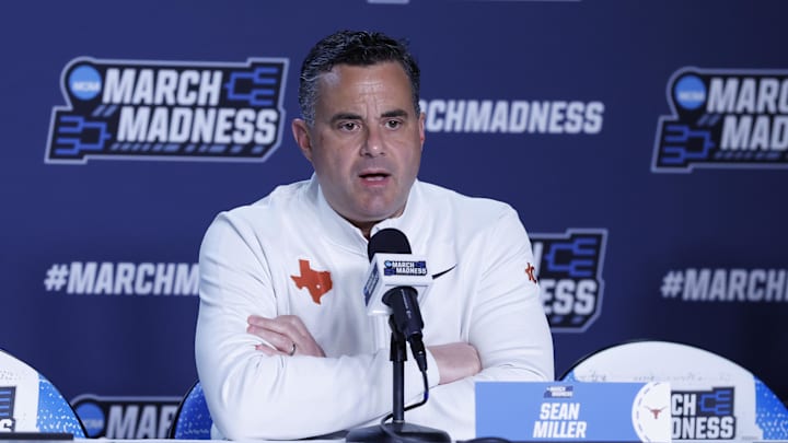 Texas Longhorns head coach Sean Miller speaks with the media during a practice session ahead of the first four of the men's 2026 NCAA Tournament at University of Dayton Arena. 