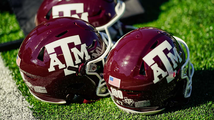 A detailed view of Texas A&M Aggies helmets during the second half against the Missouri Tigers at Faurot Field at Memorial Stadium.