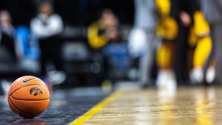 An Iowa basketball with a Tigerhawk logo rests along the baseline during a NCAA non-conference men's basketball game, Monday, Nov., 11, 2019, at Carver-Hawkeye Arena in Iowa City, Iowa.
191111 Depaul Iowa Mbb 029 Jpg An Iowa basketball with a Tigerhawk logo rests along the baseline during a NCAA non-conference men's basketball game, Monday, Nov., 11, 2019, at Carver-Hawkeye Arena in Iowa City, Iowa.
191111 Depaul Iowa Mbb 029 Jpg