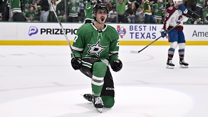 Apr 28, 2025; Dallas, Texas, USA; Dallas Stars left wing Mason Marchment (27) celebrates after he scores a goal against the Colorado Avalanche during the second period in game five of the first round of the 2025 Stanley Cup Playoffs at American Airlines Center. Mandatory Credit: Jerome Miron-Imagn Images