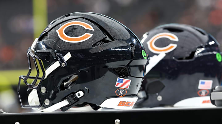Sep 28, 2025; Paradise, Nevada, USA; A general view of Chicago Bears helmets before the start of the game against Las Vegas Raiders at Allegiant Stadium. Mandatory Credit: Kiyoshi Mio-Imagn Images