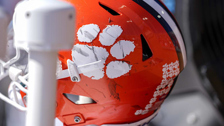 Oct 12, 2024; Winston-Salem, North Carolina, USA; A battle scarred Clemson Tigers helmet during the second half against the Wake Forest Demon Deacons at Allegacy Federal Credit Union Stadium. Mandatory Credit: Jim Dedmon-Imagn Images