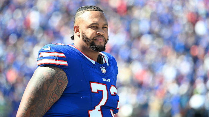 Buffalo Bills offensive tackle Dion Dawkins (73) on the sidelines during the second quarter against the New Orleans Saints at Highmark Stadium.