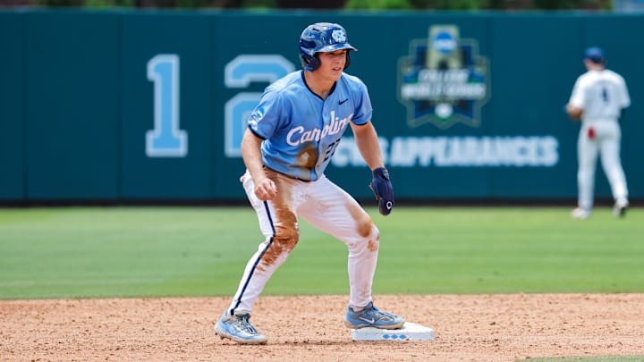 Jun 7, 2025; Chapel Hill, NC, USA;  North Carolina outfielder Kane Kepley (27) on second base during the third inning of the Super Regionals game against Arizona in Chapel Hill, North Carolina. Mandatory Credit: Jaylynn Nash-Imagn Images