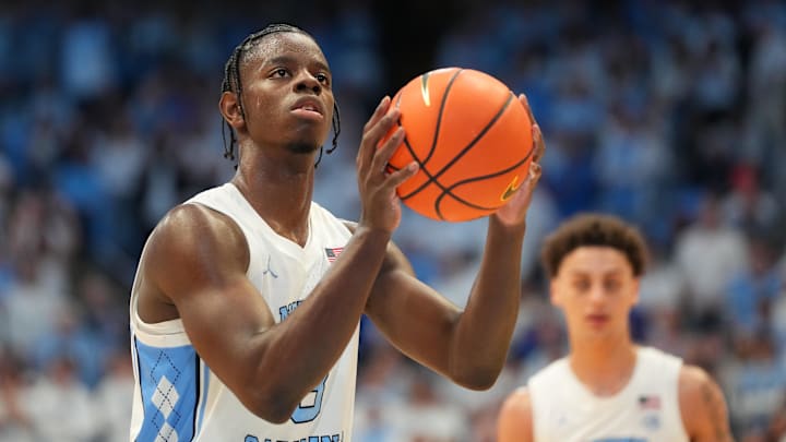 Nov 7, 2025; Chapel Hill, North Carolina, USA;  North Carolina Tar Heels forward Caleb Wilson (8) at the free throw line in the second half at Dean E. Smith Center. Mandatory Credit: Bob Donnan-Imagn Images