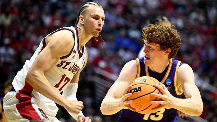 Mar 20, 2026; San Diego, CA, USA; Northern Iowa Panthers forward Will Hornseth (13) controls the ball against St. John's Red Storm forward Rubén Prey (17) in the second half during a first round game of the men's 2026 NCAA Tournament at Viejas Arena. Mandatory Credit: Denis Poroy-Imagn Images Mar 20, 2026; San Diego, CA, USA; Northern Iowa Panthers forward Will Hornseth (13) controls the ball against St. John's Red Storm forward Rubén Prey (17) in the second half during a first round game of the men's 2026 NCAA Tournament at Viejas Arena. Mandatory Credit: Denis Poroy-Imagn Images
