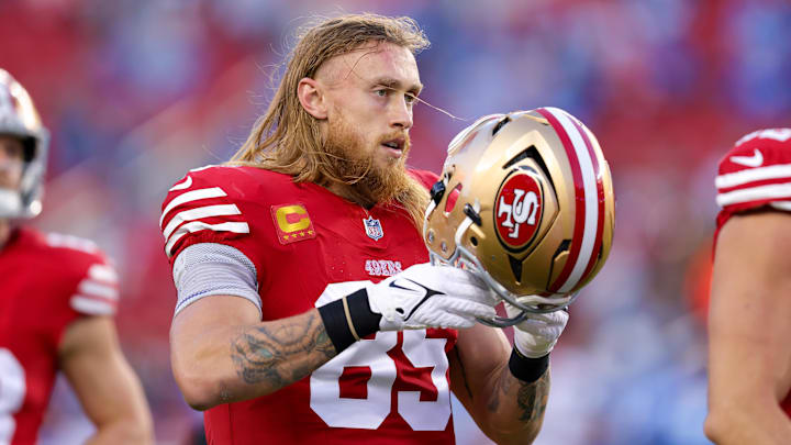 Dec 30, 2024; Santa Clara, California, USA; San Francisco 49ers tight end George Kittle (85) warms up before the game against the Detroit Lions at Levi's Stadium. Mandatory Credit: Sergio Estrada-Imagn Images Dec 30, 2024; Santa Clara, California, USA; San Francisco 49ers tight end George Kittle (85) warms up before the game against the Detroit Lions at Levi's Stadium. Mandatory Credit: Sergio Estrada-Imagn Images