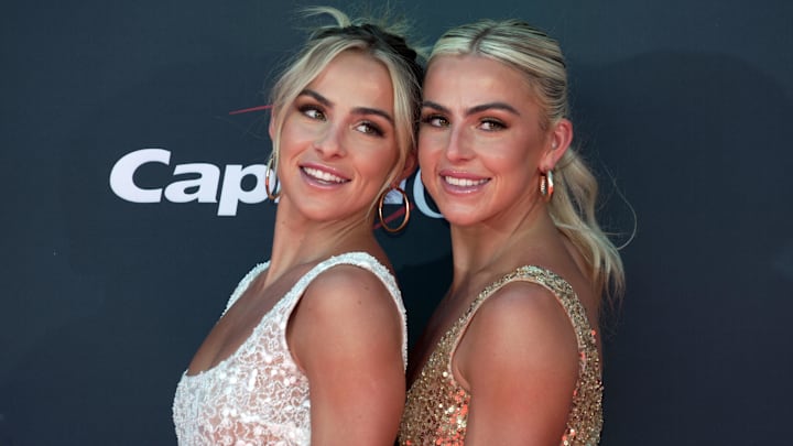 Jul 12, 2023; Los Angeles, CA, USA; Hanna Cavinder and Haley Cavinder arrive on the red carpet before the 2023 ESPYS at the Dolby Theatre. 