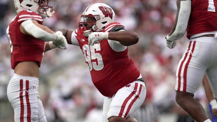 Wisconsin Badgers defensive lineman Brandon Lane Jr. (95) celebrates his sack during the third quarter of the game against Middle Tennessee Saturday, September 6, 2025 at Camp Randall Stadium in Madison, Wisconsin.