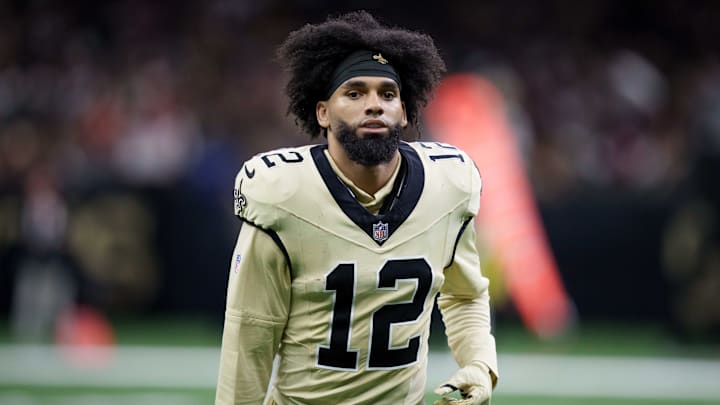 Sep 7, 2025; New Orleans, Louisiana, USA; New Orleans Saints wide receiver Chris Olave (12) at Caesars Superdome. Mandatory Credit: Matthew Hinton-Imagn Images Sep 7, 2025; New Orleans, Louisiana, USA; New Orleans Saints wide receiver Chris Olave (12) at Caesars Superdome. Mandatory Credit: Matthew Hinton-Imagn Images