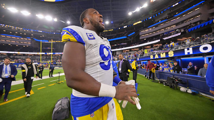 Nov 23, 2025; Inglewood, California, USA; Los Angeles Rams defensive end Kobie Turner (91) acknowledges the crowd after the game against the Tampa Bay Buccaneers at SoFi Stadium. Mandatory Credit: Jayne Kamin-Oncea-Imagn Images