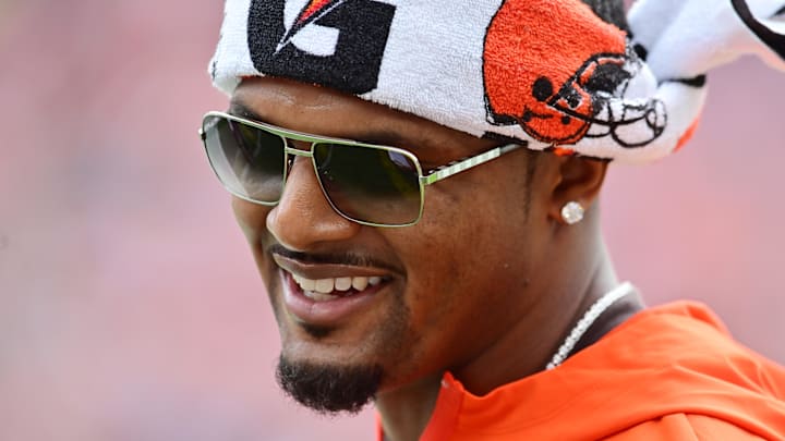 Aug. 23, 2025; Cleveland, Ohio, USA; Cleveland Browns quarterback Deshaun Watson (4) on the sidelines during the first quarter against the Los Angeles Rams at Huntington Bank Field.