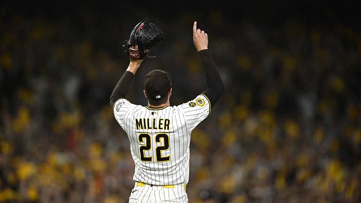Sep 30, 2026; San Diego, California, USA;  San Diego Padres pitcher Mason Miller (22) reacts after defeating against the Chicago Cubs in game two of the Wildcard round for the 2026 MLB Playoffs at Petco Park.  Mandatory Credit: Denis Poroy-Imagn Images