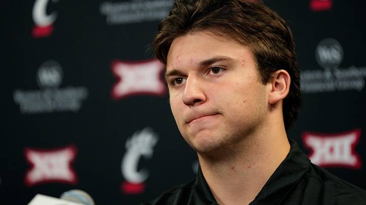 New transfer quarterback Brendan Sorsby takes questions during a press conference at the University of Cincinnati   s Fifth Third Arena in Cincinnati on Tuesday, Feb. 13, 2024.