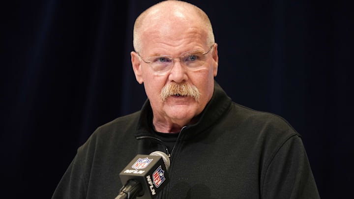 Feb 25, 2025; Indianapolis, IN, USA; Kansas City Chiefs oach Andy Reid speaks during the NFL Scouting Combine at the Indiana Convention Center. Mandatory Credit: Kirby Lee-Imagn Images