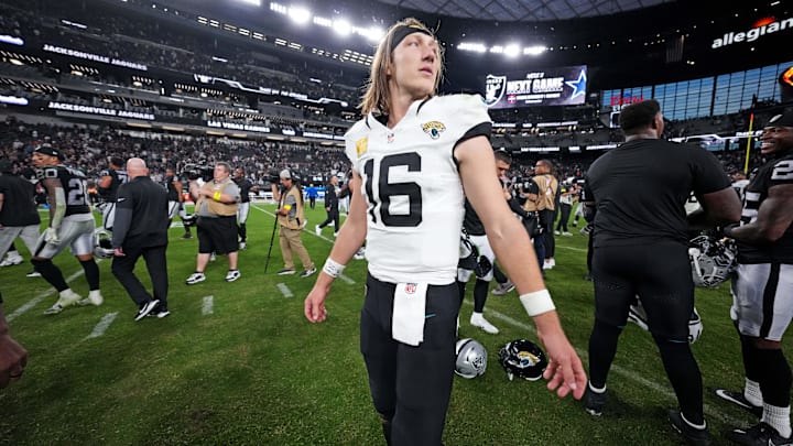 Nov 2, 2025; Paradise, Nevada, USA; Jacksonville Jaguars quarterback Trevor Lawrence (16) looks on after the win against the Las Vegas Raiders at Allegiant Stadium. Mandatory Credit: Kirby Lee-Imagn Images Nov 2, 2025; Paradise, Nevada, USA; Jacksonville Jaguars quarterback Trevor Lawrence (16) looks on after the win against the Las Vegas Raiders at Allegiant Stadium. Mandatory Credit: Kirby Lee-Imagn Images