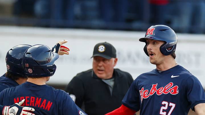 Judd Utermark celebrates hitting a home run during Ole Miss baseball's win over Wright State at Swayze Field on Feb. 28, 2025.
