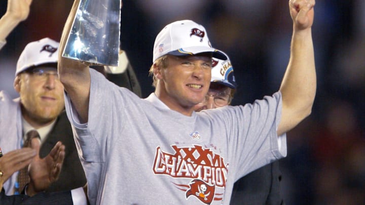 Tampa Bay Buccaneers head coach Jon Gruden holds up the Vince Lombardi Trophy after winning Super Bowl XXXVIII against the Oakland Raiders at Qualcomm Stadium in San Diego, CA on Jan. 26, 2003.

Xxx Axx Letfeat 29 S Fbn Ca