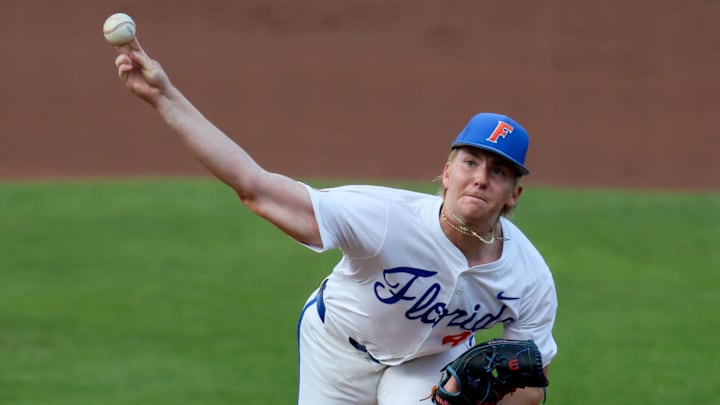 Florida pitcher Aidan King (47) pitches during an NCAA baseball game at Condron Family Ballpark at Alfred A. McKethan Field in Gainesville, FL on Friday, April 24, 2026. [Alan Youngblood/Gainesville Sun]