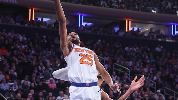 Dec 25, 2024; New York, New York, USA;  New York Knicks forward Mikal Bridges (25) drives to the basket in the third quarter against the San Antonio Spurs at Madison Square Garden. Mandatory Credit: Wendell Cruz-Imagn Images