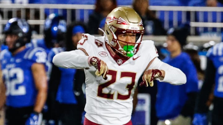 Oct 18, 2024; Durham, North Carolina, USA; Florida State Seminoles defensive back Fentrell Cypress II (23) celebrates a down during the first half of the game against Duke Blue Devils at Wallace Wade Stadium.  