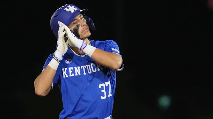 Kentucky’s Jayce Tharnish celebrates making a double against Louisville at Jim Patterson Stadium in the 119th Battle of the Bluegrass.
April 21, 2026