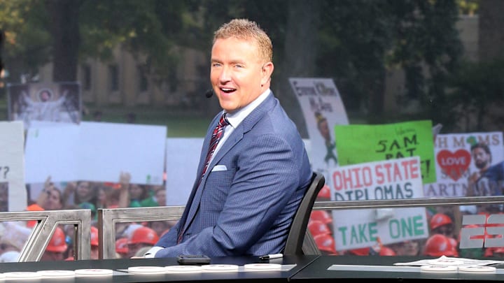 ESPN host Kirk Herbstreit smiles before the ESPN College GameDay show on Saturday, Sept. 23, 2023, on the Hesburgh Library lawn on the University of Notre Dame campus in South Bend. The show was to highlight the Notre Dame-Ohio State game.
