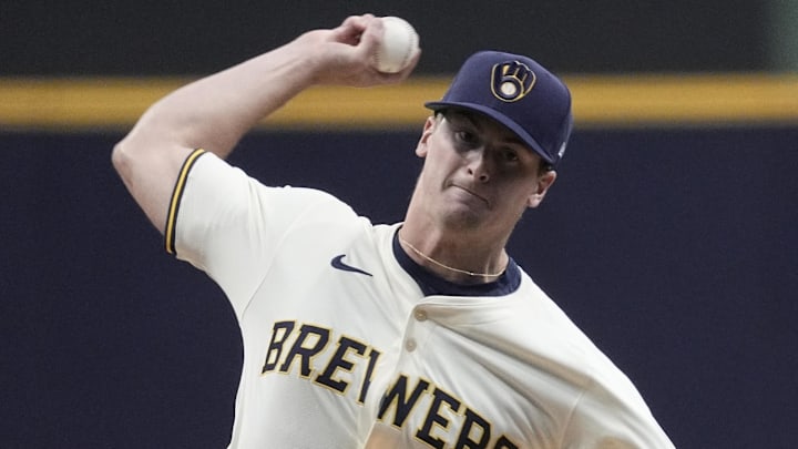 Apr 15, 2025; Milwaukee, Wisconsin, USA; Milwaukee Brewers pitcher Quinn Priester (46) delivers a pitch against the Detroit Tigers in the first  inning at American Family Field. Mandatory Credit: Michael McLoone-Imagn Images