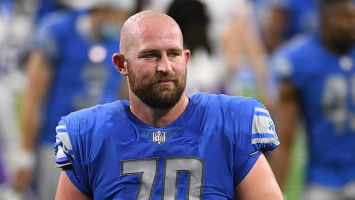 Jan 3, 2021; Detroit, Michigan, USA; Detroit Lions offensive tackle Dan Skipper (70) after the game against the Minnesota Vikings at Ford Field. Mandatory Credit: Tim Fuller-Imagn Images