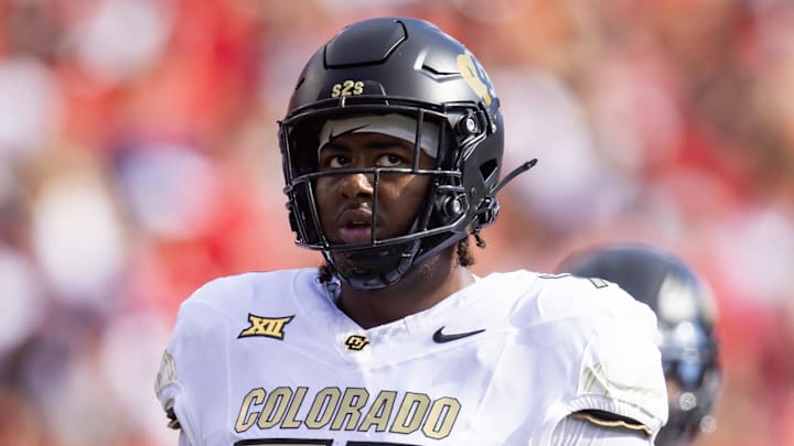 Oct 19, 2024; Tucson, Arizona, USA; Colorado Buffalos offensive tackle Jordan Seaton (77) against the Arizona Wildcats at Arizona Stadium. 