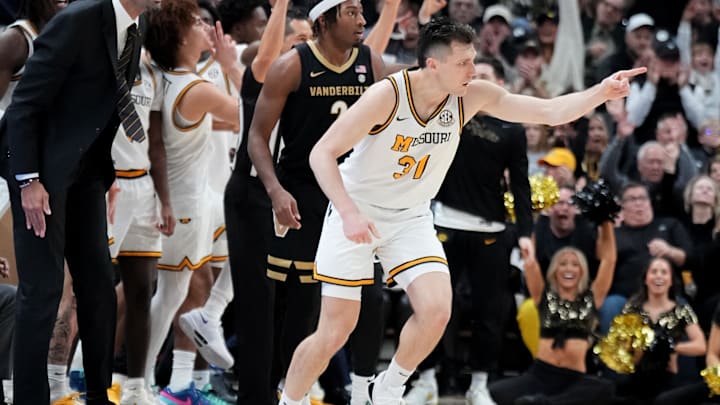 Missouri Tigers forward Caleb Grill (31) celebrates after hitting a shot in a game versus the Vanderbilt Commodores this season.