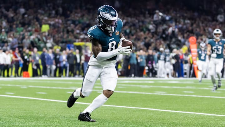 Feb 9, 2025; New Orleans, LA, USA; Philadelphia Eagles safety C.J. Gardner-Johnson (8) against the Kansas City Chiefs during Super Bowl LIX at Ceasars Superdome. Mandatory Credit: Mark J. Rebilas-Imagn Images