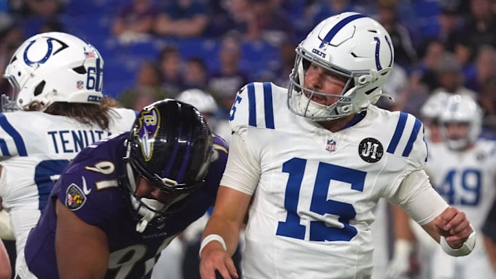 Aug 7, 2025; Baltimore, Maryland, USA; Indianapolis Colts quarterback Riley Leonard (15) under pressure by Baltimore Ravens lineman C.J. Ravenell (91) during the fourth quarter at M&T Bank Stadium. Mandatory Credit: Mitch Stringer-Imagn Images Aug 7, 2025; Baltimore, Maryland, USA; Indianapolis Colts quarterback Riley Leonard (15) under pressure by Baltimore Ravens lineman C.J. Ravenell (91) during the fourth quarter at M&T Bank Stadium. Mandatory Credit: Mitch Stringer-Imagn Images