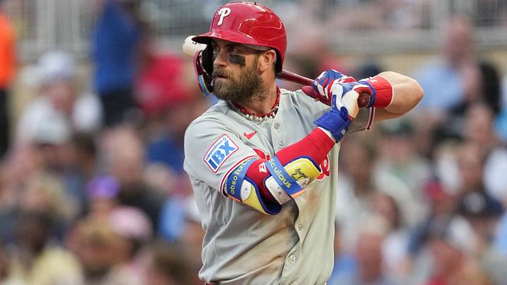 Aug 15, 2026; Minneapolis, Minnesota, USA; Philadelphia Phillies right fielder Bryce Harper (3) bats during the fifth inning against the Minnesota Twins at Target Field. Mandatory Credit: Jordan Johnson-Imagn Images Aug 15, 2026; Minneapolis, Minnesota, USA; Philadelphia Phillies right fielder Bryce Harper (3) bats during the fifth inning against the Minnesota Twins at Target Field. Mandatory Credit: Jordan Johnson-Imagn Images