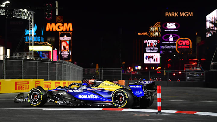 Nov 21, 2024; Las Vegas, Nevada, USA; Williams Racing driver Alex Albon (23) during practice for the Las Vegas Grand Prix at Las Vegas Circuit. Mandatory Credit: Gary A. Vasquez-Imagn Images