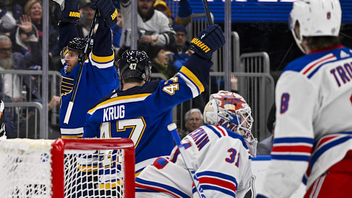 Jan 11, 2024; St. Louis, Missouri, USA;  St. Louis Blues left wing Brandon Saad (20) reacts after