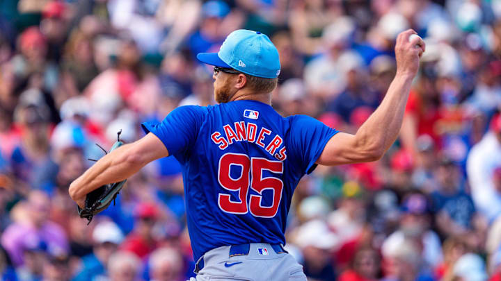 Mar 16, 2024; Tempe, Arizona, USA; Chicago Cubs pitcher Cam Sanders (95) pitches in the bottom of the seventh inning during a spring training game against the Los Angeles Angels at Tempe Diablo Stadium. Mandatory Credit: Allan Henry-Imagn Images
