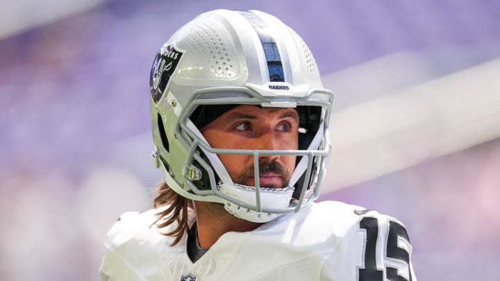 Aug 10, 2024: Las Vegas Raiders quarterback Gardner Minshew before the game against the Minnesota Vikings at U.S. Bank Stadium.