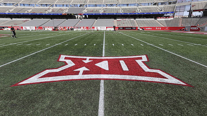 Oct 21, 2023; Houston, Texas, USA;  General view of the Big 12 logo on the field at TDECU Stadium before the game between the Houston Cougars and the Texas Longhorns. Mandatory Credit: Troy Taormina-Imagn Images