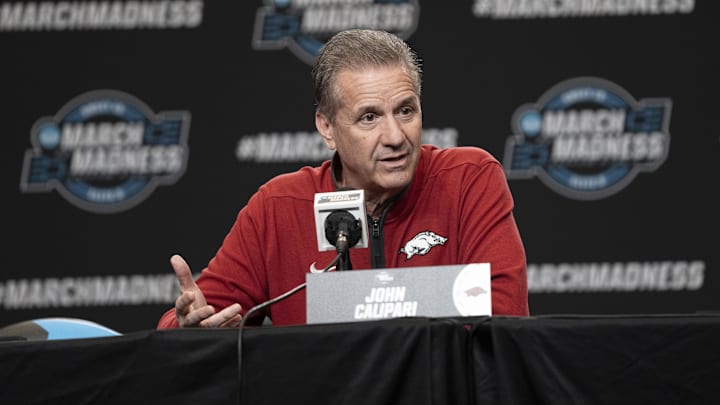 March 26, 2025; San Francisco, CA, USA; Arkansas Razorbacks head coach John Calipari addresses the media in a press conference during NCAA Tournament West Regional Practice at Chase Center. Mandatory Credit: Kyle Terada-Imagn Images