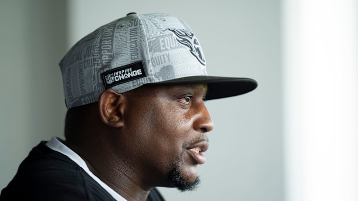Tennessee Titans Defensive Coordinator Dennard Wilson fields questions during mandatory mini-camp at Ascension Saint Thomas Sports Park in Nashville, Tenn., Wednesday, June 5, 2024.