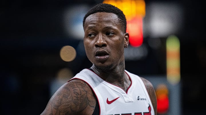 Apr 7, 2024; Indianapolis, Indiana, USA;  Miami Heat guard Terry Rozier (2) in the first half; Credit: Trevor Ruszkowski-USA TODAY Sports