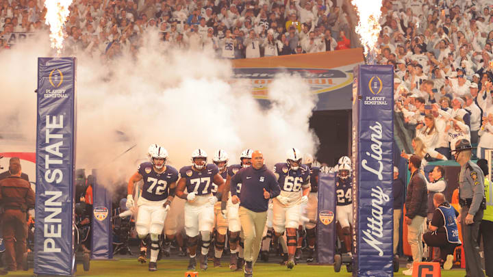 Penn State head coach James Franklin leads the Nittany Lions onto the field for the 2025 Orange Bowl against the Notre Dame Fighting Irish. Penn State head coach James Franklin leads the Nittany Lions onto the field for the 2025 Orange Bowl against the Notre Dame Fighting Irish.