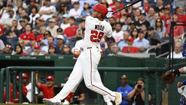 Jun 3, 2025; Washington, District of Columbia, USA; Washington Nationals left fielder James Wood 