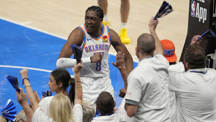 Jun 16, 2025; Oklahoma City, Oklahoma, USA; Oklahoma City Thunder forward Jalen Williams reacts during the third quarter of game five of the 2025 NBA Finals / Kyle Terada-Imagn Images Jun 16, 2025; Oklahoma City, Oklahoma, USA; Oklahoma City Thunder forward Jalen Williams reacts during the third quarter of game five of the 2025 NBA Finals / Kyle Terada-Imagn Images